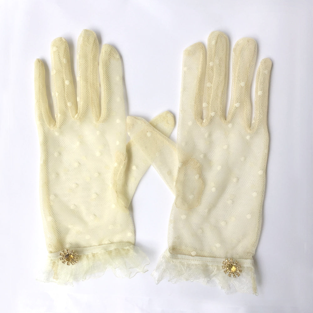 Ivory Polka Dot Lace Gloves, Ivory Lace Gloves Short, Cream Lace Gloves with Rhinestone Jewelry