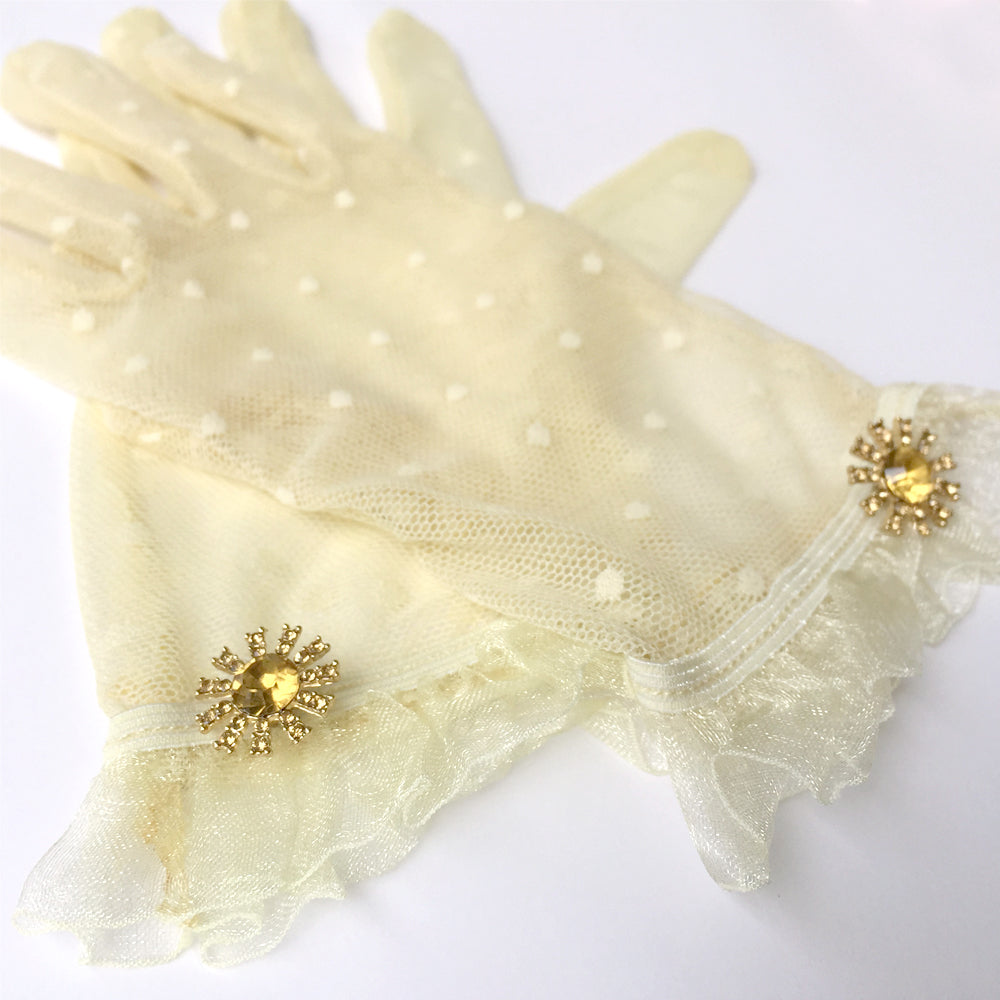 Ivory Polka Dot Lace Gloves, Ivory Lace Gloves Short, Cream Lace Gloves with Rhinestone Jewelry