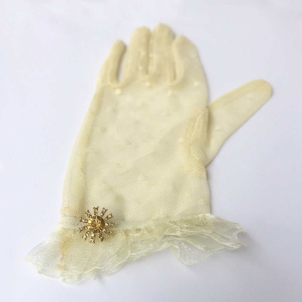 Ivory Polka Dot Lace Gloves, Cream Lace Gloves with Rhinestone Jewelry