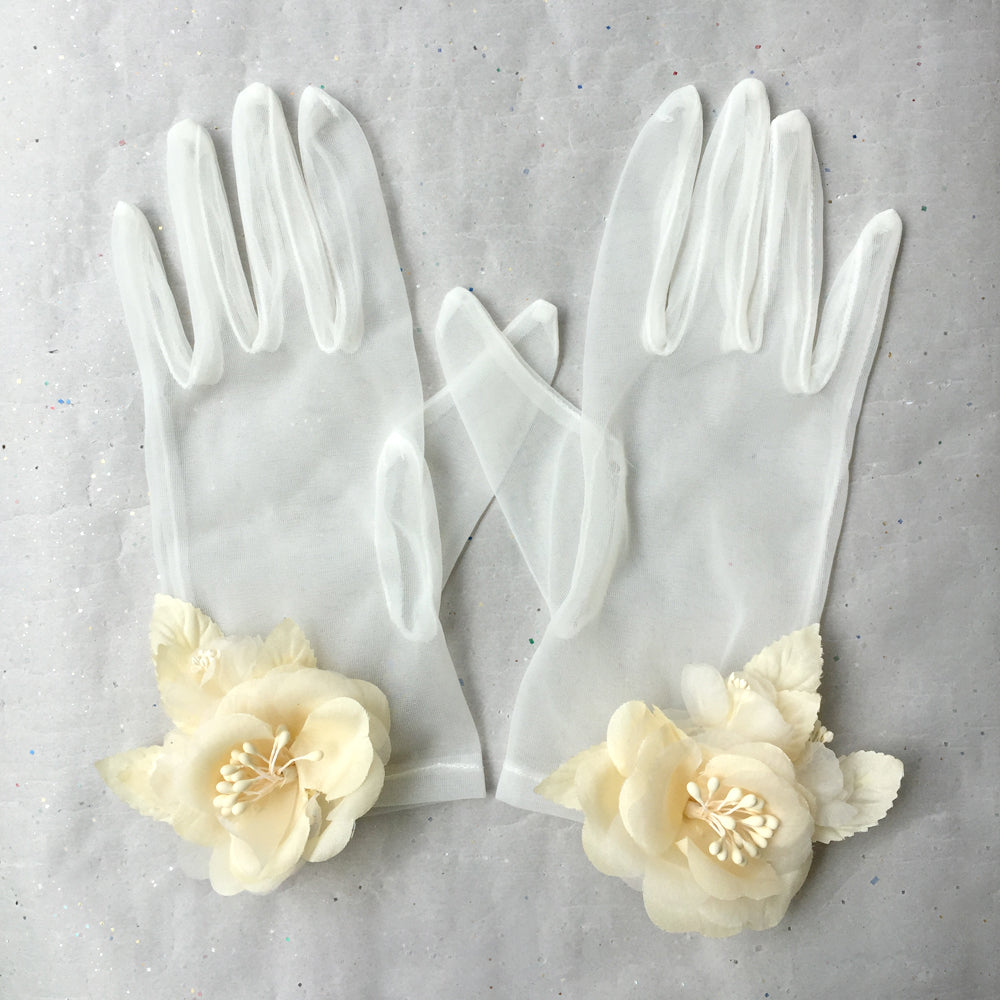 Off White Organza Gloves, Lace Wedding Gloves Ivory, Tea Party Gloves for Ladies