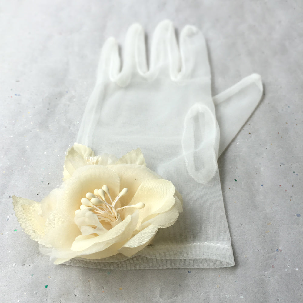 Off White Organza Gloves, Lace Wedding Gloves Ivory, Tea Party Gloves for Ladies
