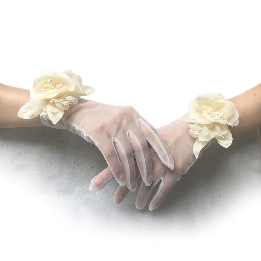 Off White Organza Gloves, Lace Wedding Gloves Ivory, Tea Party Gloves for Ladies