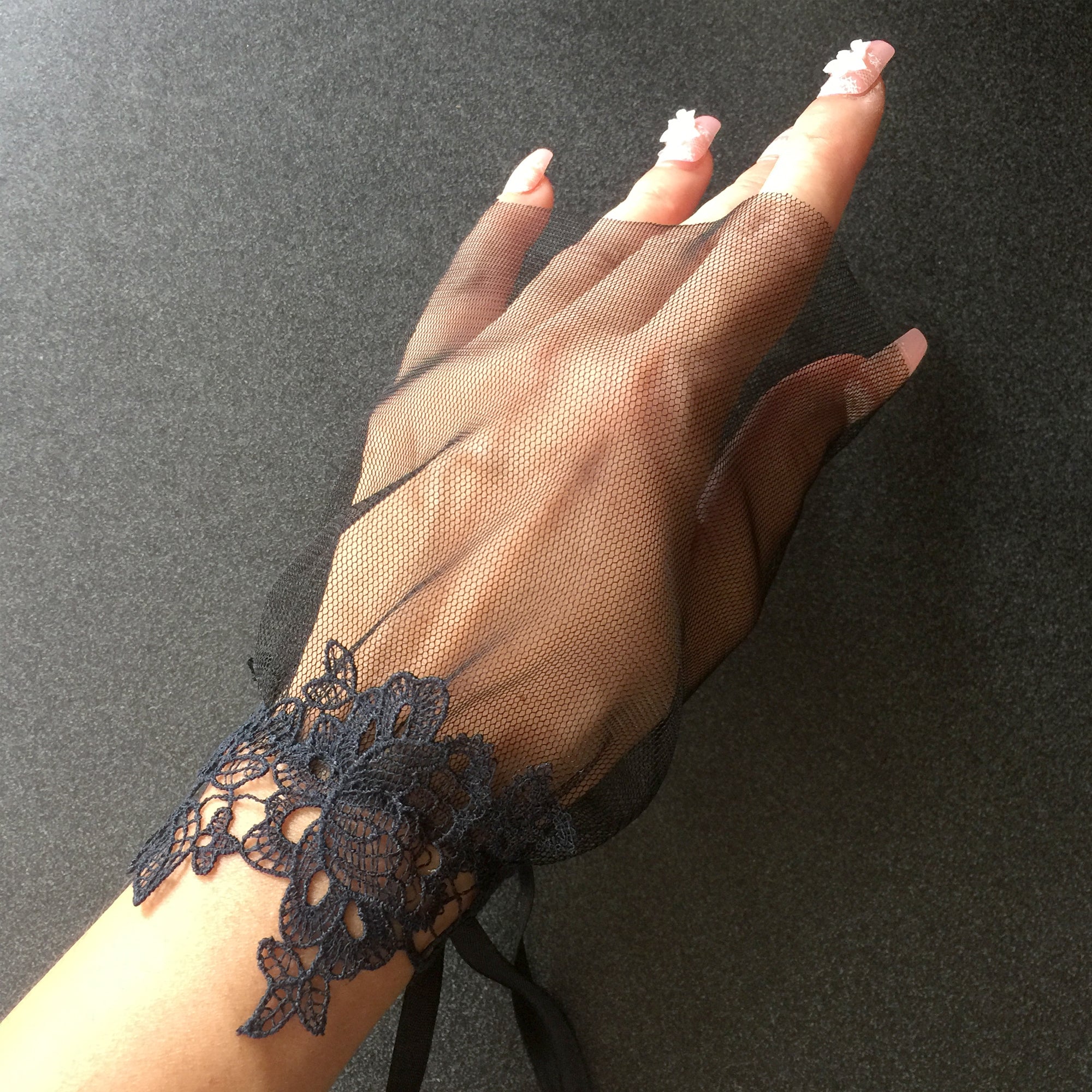 Black Short Lace Cuffs Bracelet, Opera Gloves, Black Evening Lace Wrist Cuffs, Gothic, Vintage