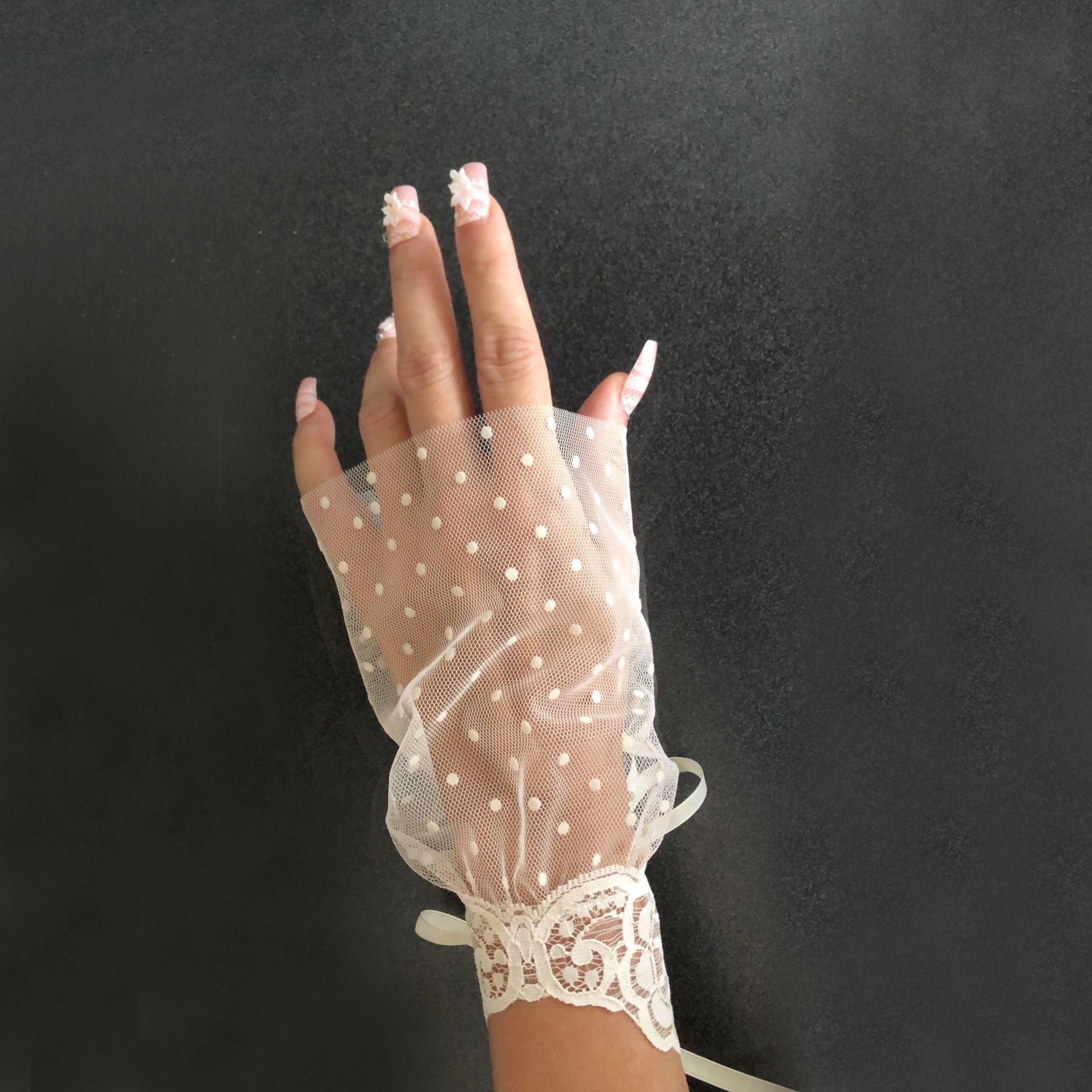Polka Dot Lace Cuff Bracelet Ivory, Tea Party Lace Gloves, Vintage, Wedding