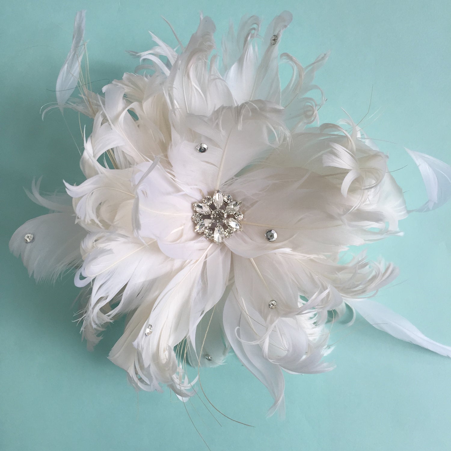 Large Feather Floral Headpeice, Ivory Feather and Rhinestone Flower Bridal Fascinator, Special Occasion Headpiece