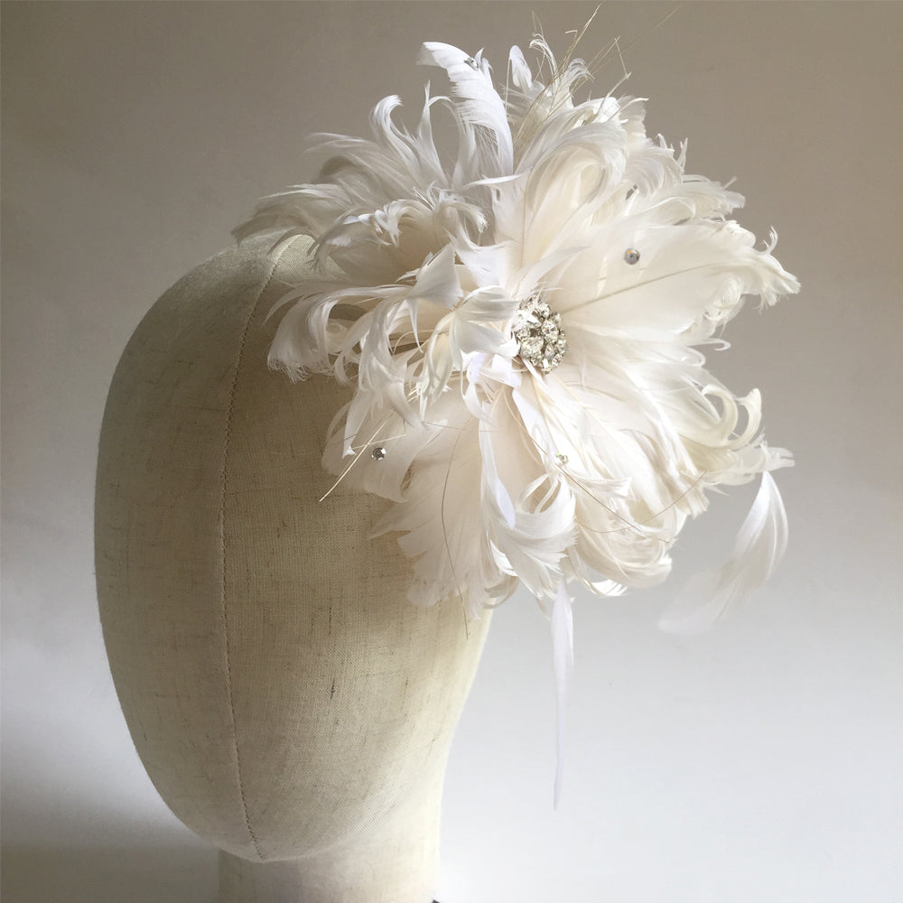 Large Feather Floral Headpeice, Ivory Feather and Rhinestone Flower Bridal Fascinator, Special Occasion Headpiece