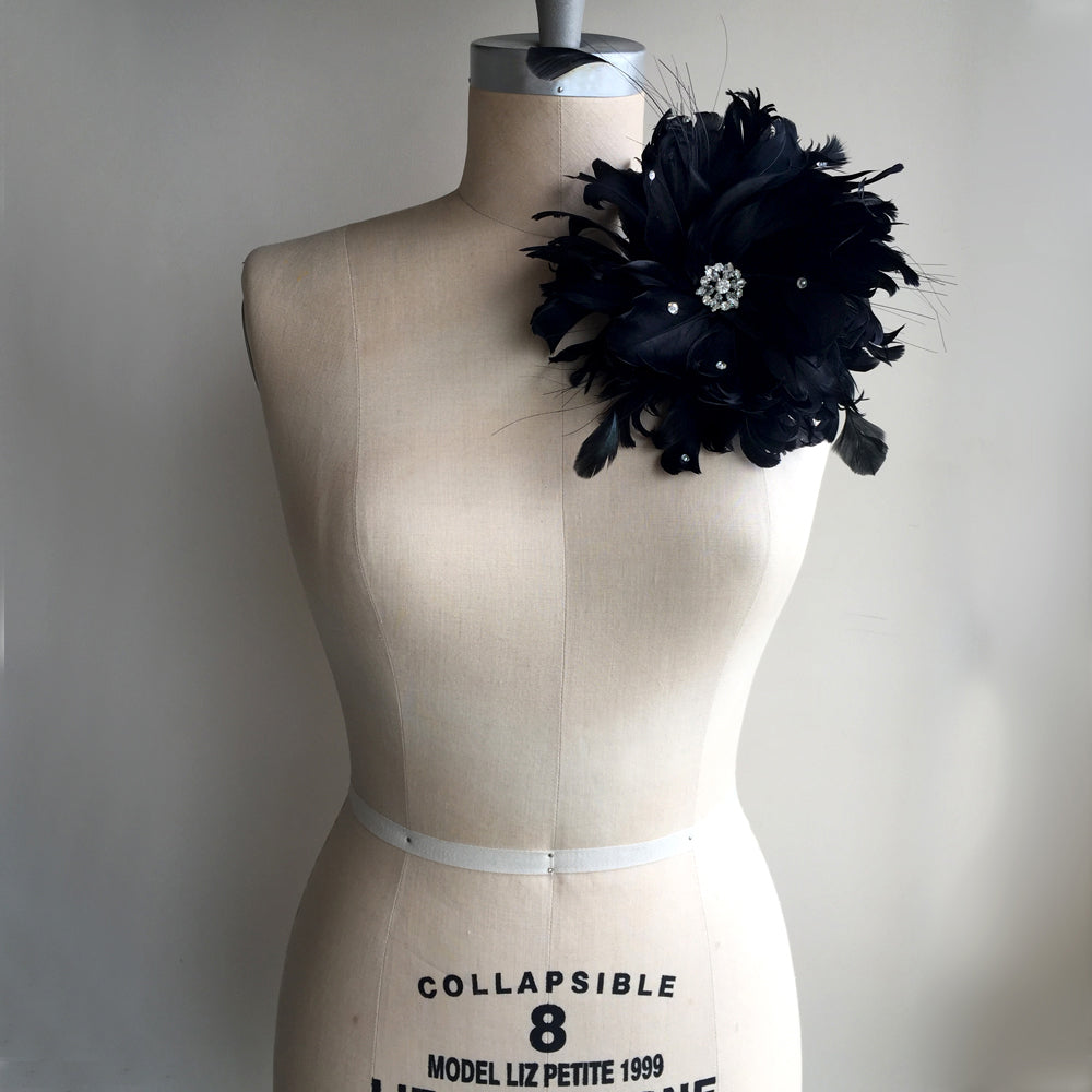 Black Wedding Flower Fascinator, Large Black Feather and Rhinestone Flower Hair Clip, Feather Flower Belt