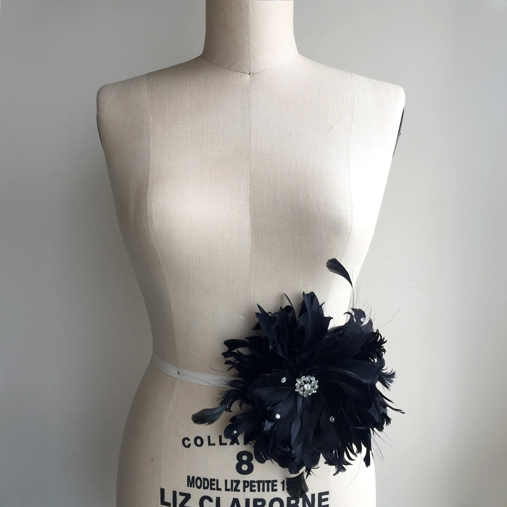 Black Wedding Flower Fascinator, Large Black Feather and Rhinestone Flower Hair Clip, Feather Flower Belt
