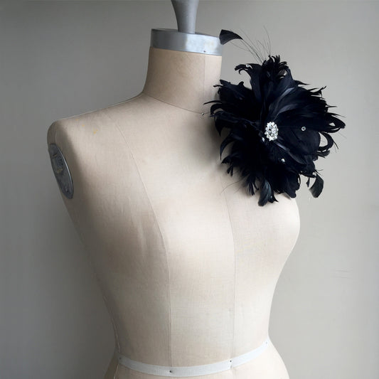Black Wedding Flower Fascinator, Large Black Feather and Rhinestone Flower Hair Clip, Feather Flower Belt
