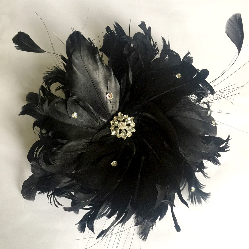 Black Wedding Flower Fascinator, Large Black Feather and Rhinestone Flower Hair Clip, Feather Flower Belt