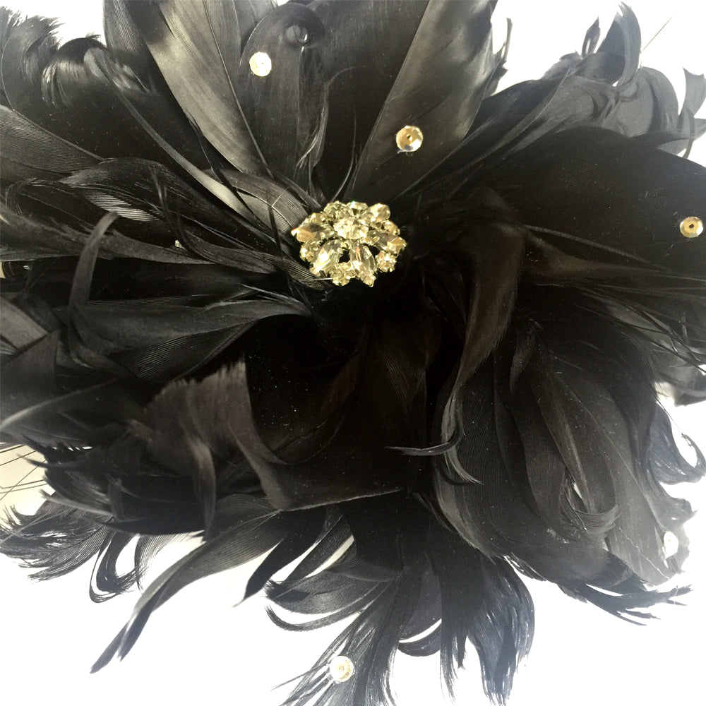 Black Wedding Flower Fascinator, Large Black Feather and Rhinestone Flower Hair Clip, Feather Flower Belt