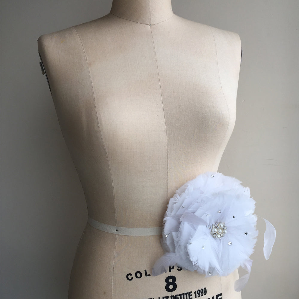White Feather and Rhinestone Wedding Fascinator Clip, Cocktail Hat Fascinator Headpiece, Feather Flower Brooch