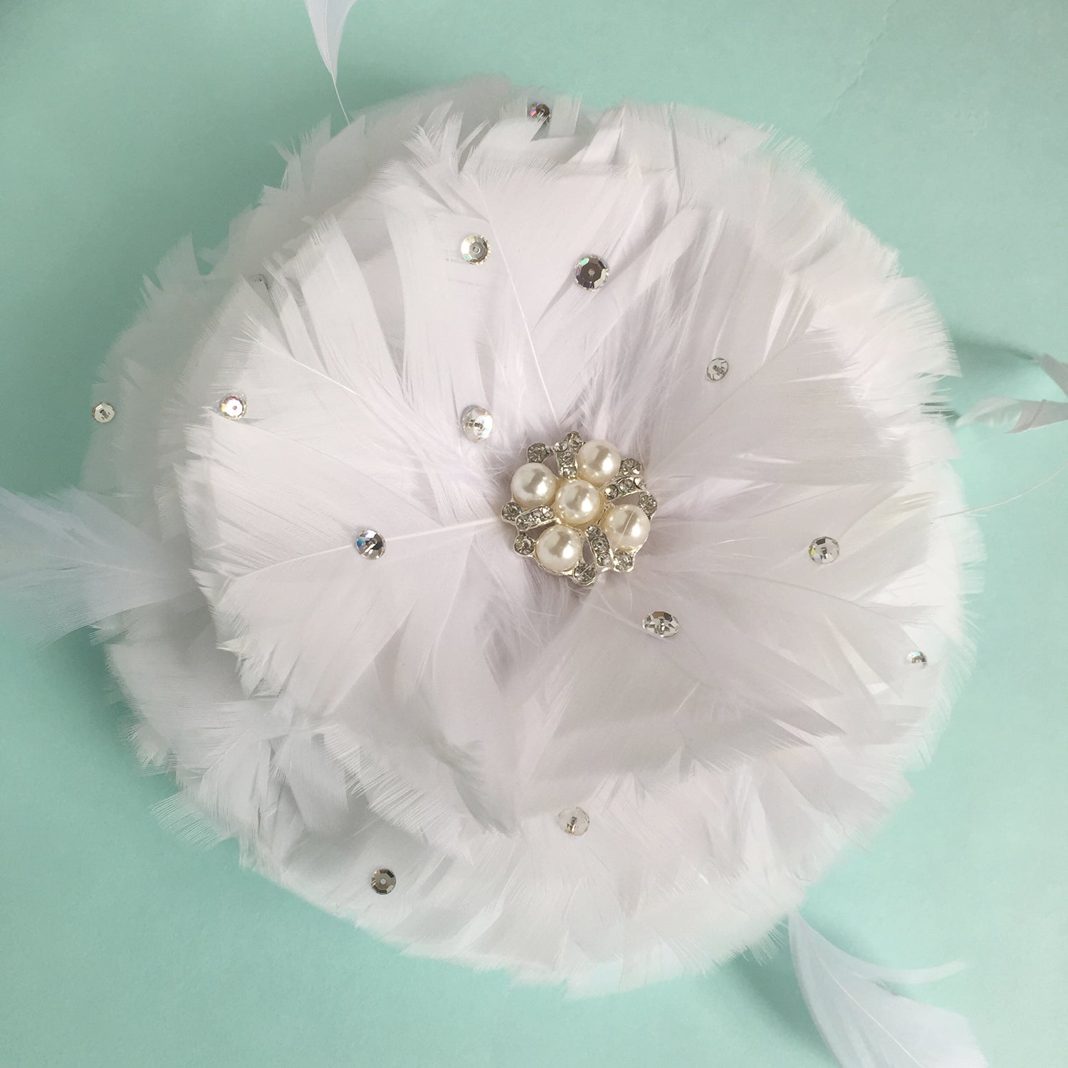White Feather and Rhinestone Wedding Fascinator Clip, Cocktail Hat Fascinator Headpiece, Feather Flower Brooch