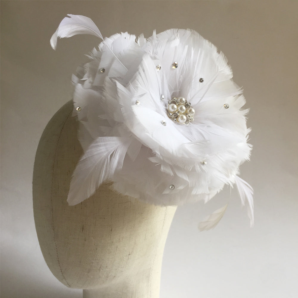 White Feather and Rhinestone Wedding Fascinator Clip, Cocktail Hat Fascinator Headpiece, Feather Flower Brooch