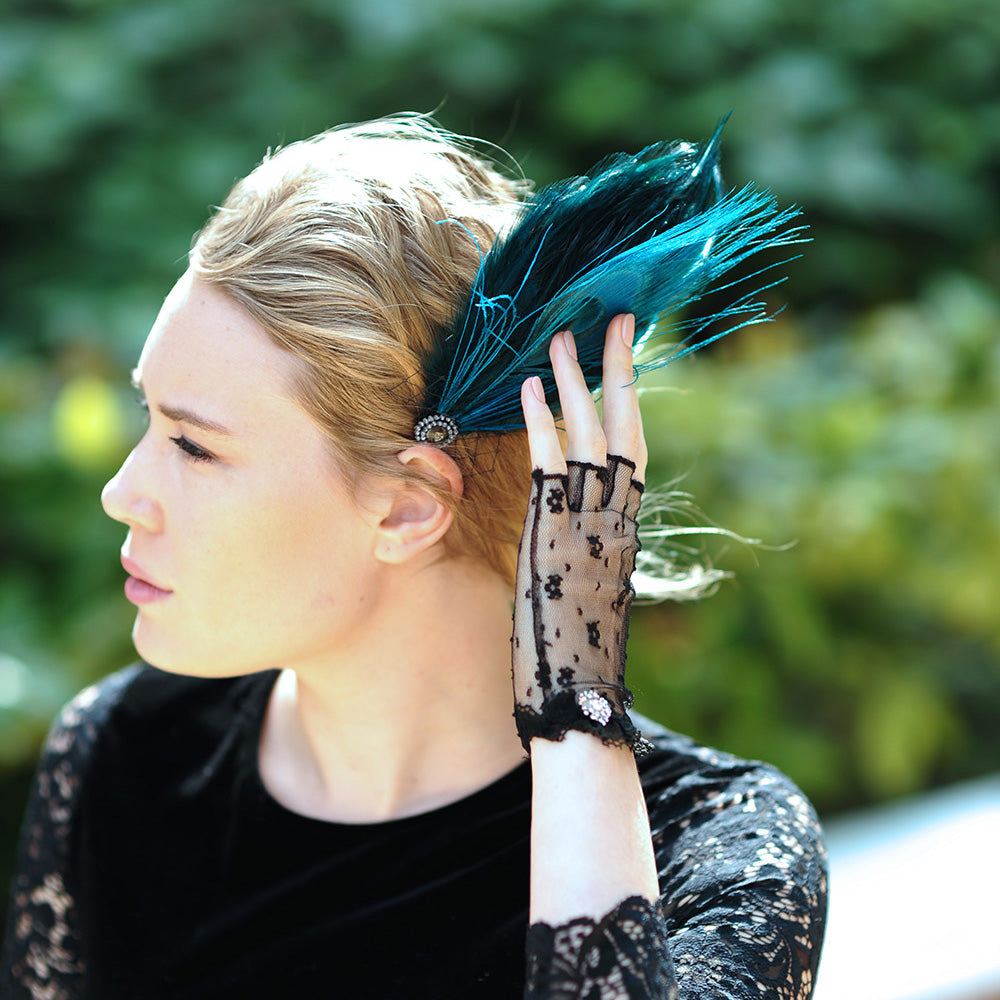 Boda fascinador de plumas de pavo real, clips de pelo nupcial de estilo vintage, pasador de broche de pieza de pelo