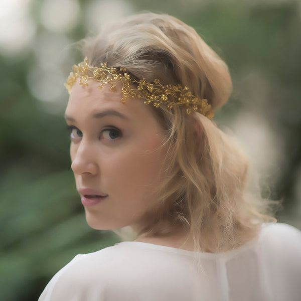 Grecian Headpiece Wedding, Bohemian Bridal Hair, Handmade Gold Circlet Crown