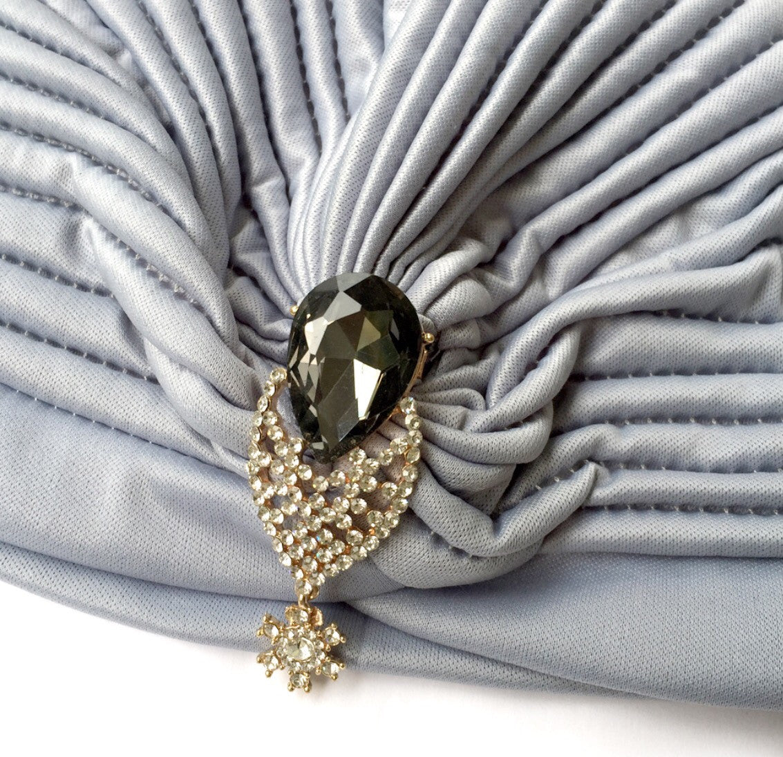 Grey Turban Hat, Gatsby Grey Stretched Hat with Leaf Rhinestone Jewelry