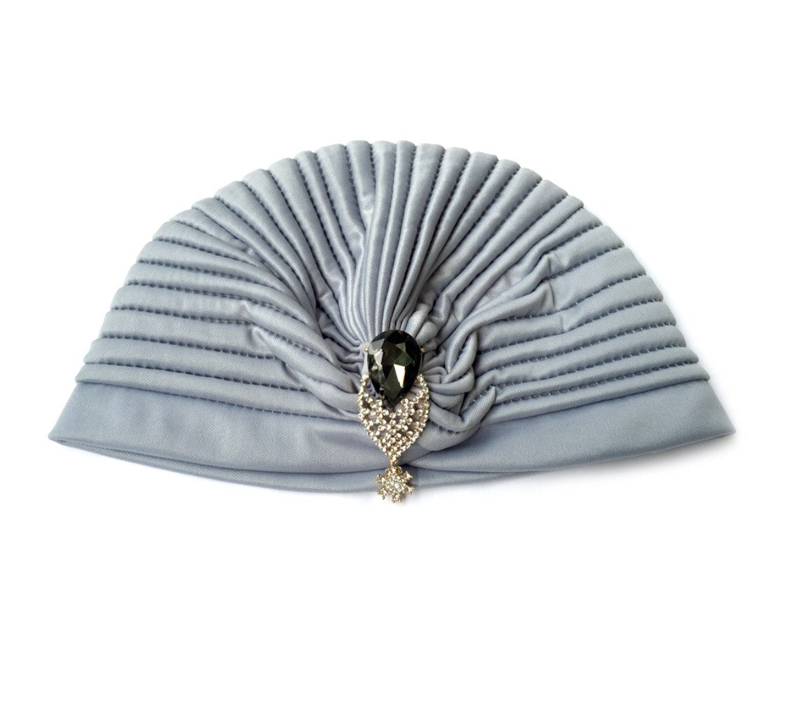 Grey Turban Hat, Gatsby Grey Stretched Hat with Leaf Rhinestone Jewelry