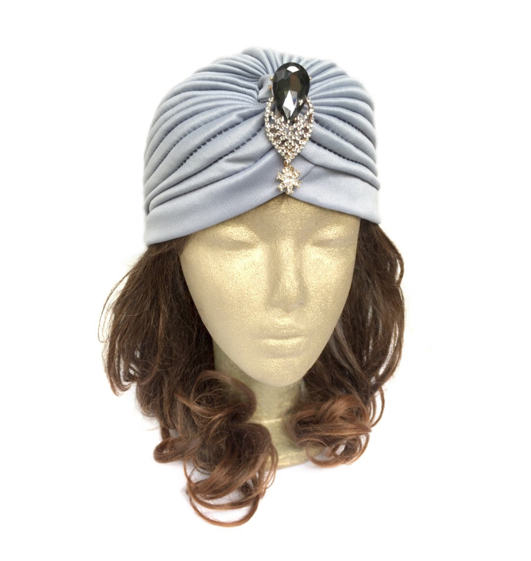 Grey Turban Hat, Gatsby Grey Stretched Hat with Leaf Rhinestone Jewelry