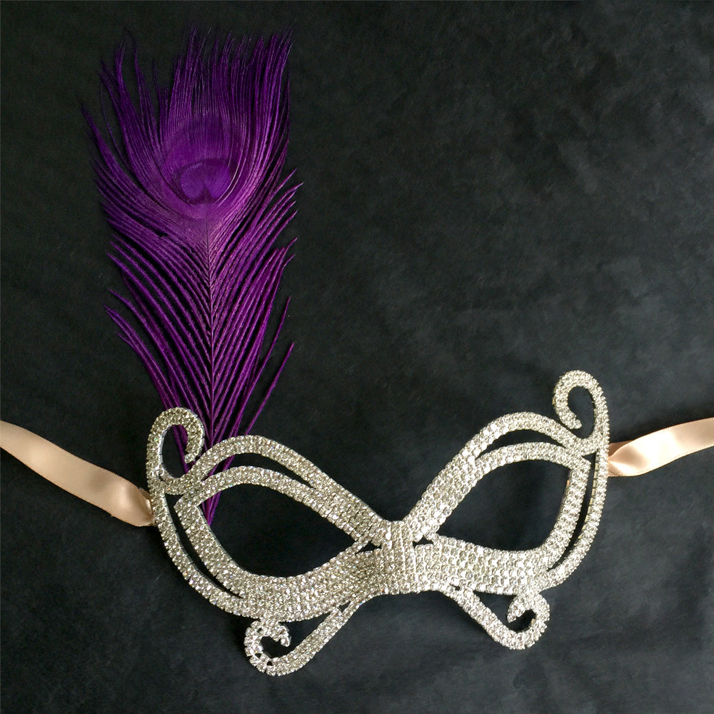 Butterfly Face Mask, Rhinestone Prom Masquerade Mask, Rhinestone Face Mask with Peacock Feather