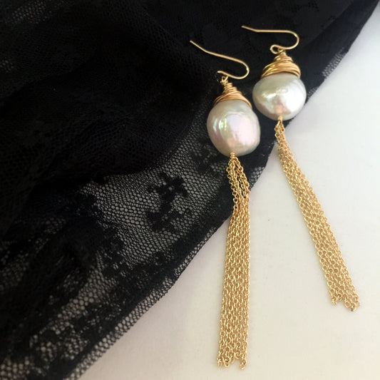 Large Baroque Pearl Dangle Earrings 14k, Pearl Drop Earrings, Wedding Earrings