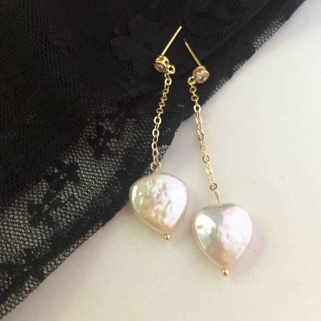 Heart Pearl Earrings Gold, Simple Pearl Drop Earrings, Pearl Heart Shaped Gold Earrings