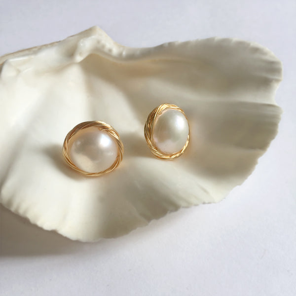 Simple Pearl Stud Earrings, Baroque Pearl Stud Gold Earrings, Gift for Mom