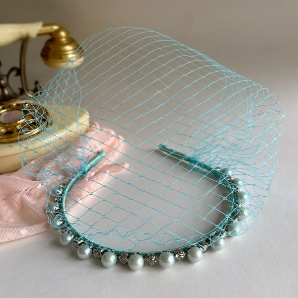 Pearl Birdcage Veil Headband, Mint Green Hair Accessory Pearl, Mint Green Veil Fascinator Headband