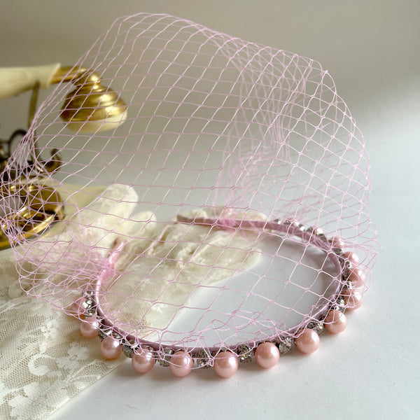 Pink Pearl Headband, Pink Birdcage Veil Headband, Pink Veil bachelorette, Light Pink Veil