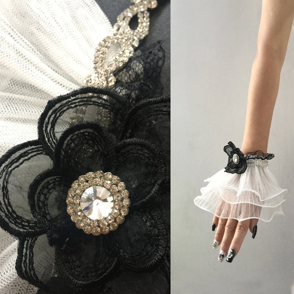 Guantes de encaje negro, pulsera de puño de encaje negro de estilo vintage, guantes de fiesta de Halloween de Año Nuevo de Navidad