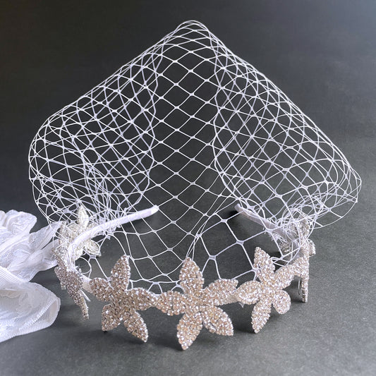 Botanical Floral Birdcage Headband Wedding, Floral Bridal Accessory, Birdcage Veil Big Flowers Headband
