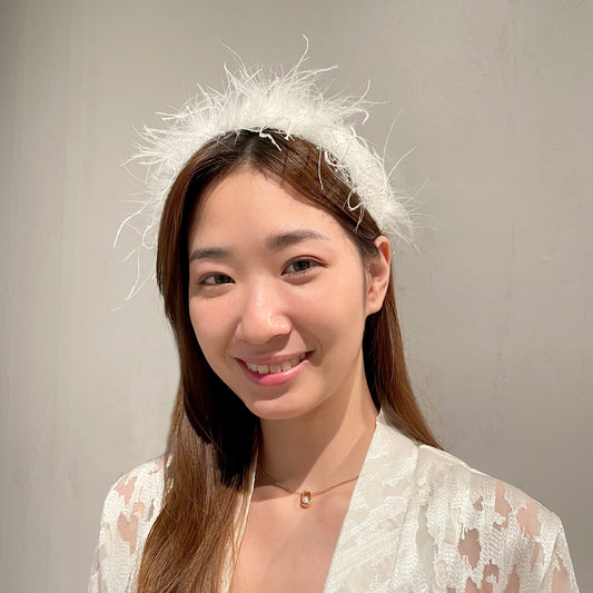 White Feather Headpiece, Bridal Ostrich Feather Headband, Feather Crown Headband for Wedding with White Lace and Pearl