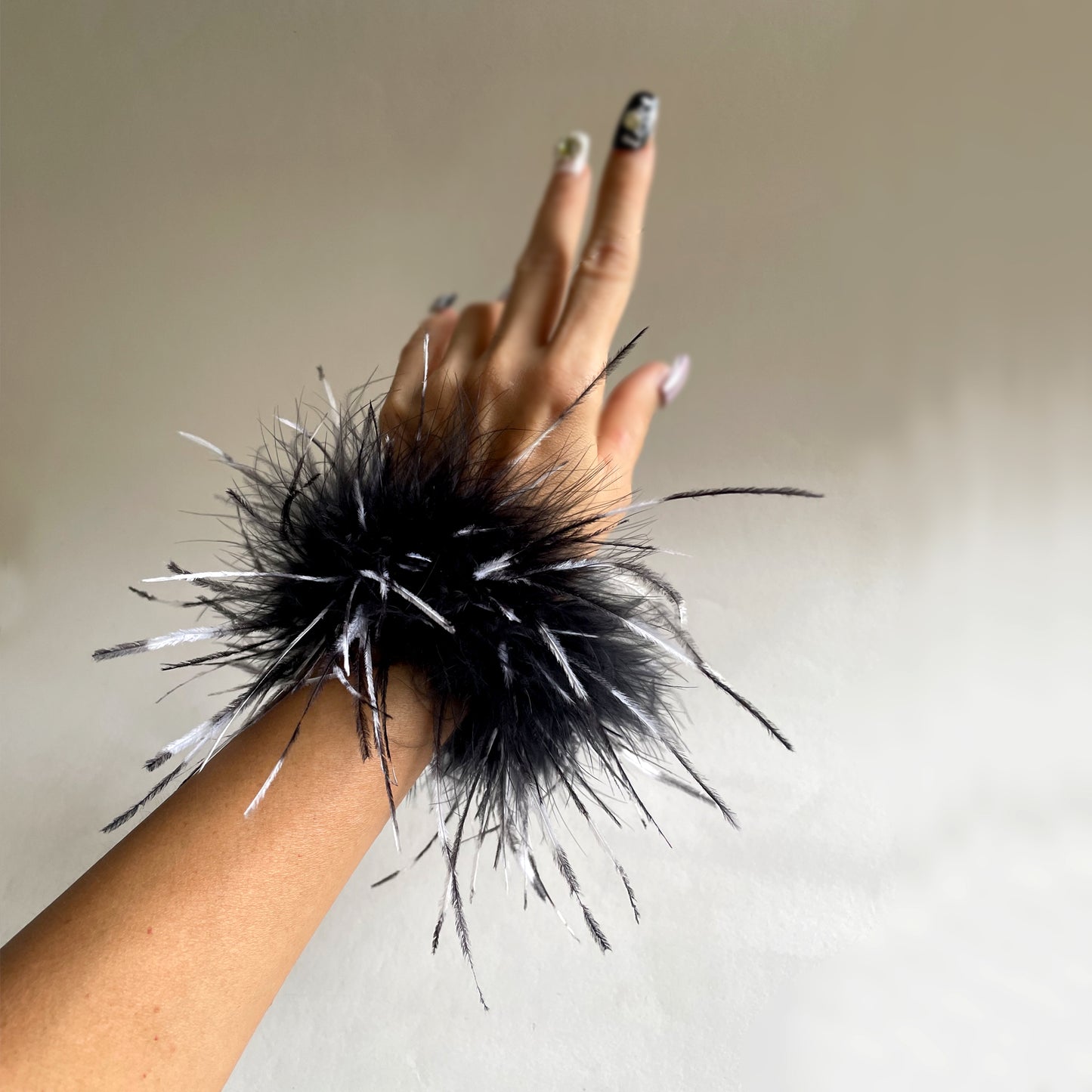 Black & White Ostrich Feather Bracelets, Cocktail Party Black Feather Wristband