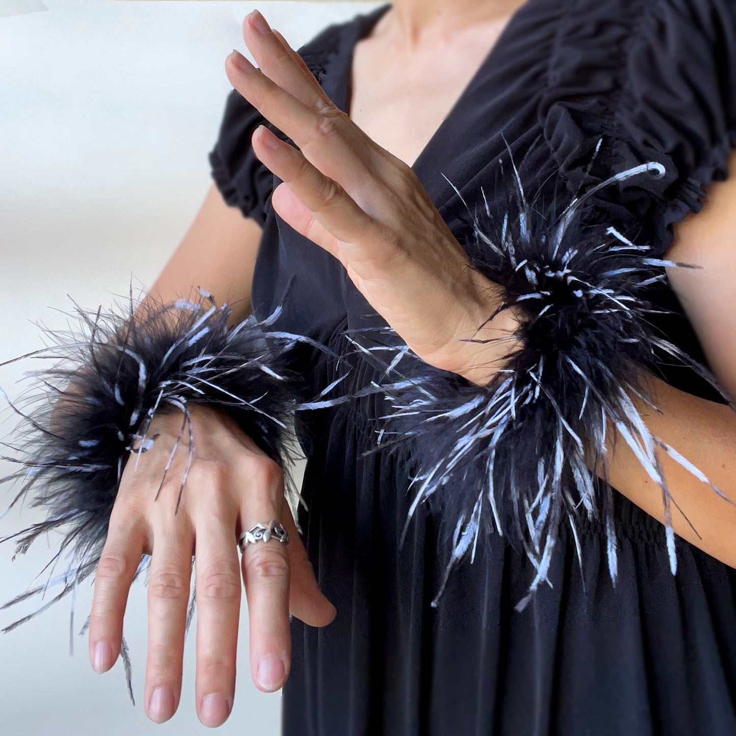 Black & White Ostrich Feather Bracelets, Cocktail Party Black Feather Wristband