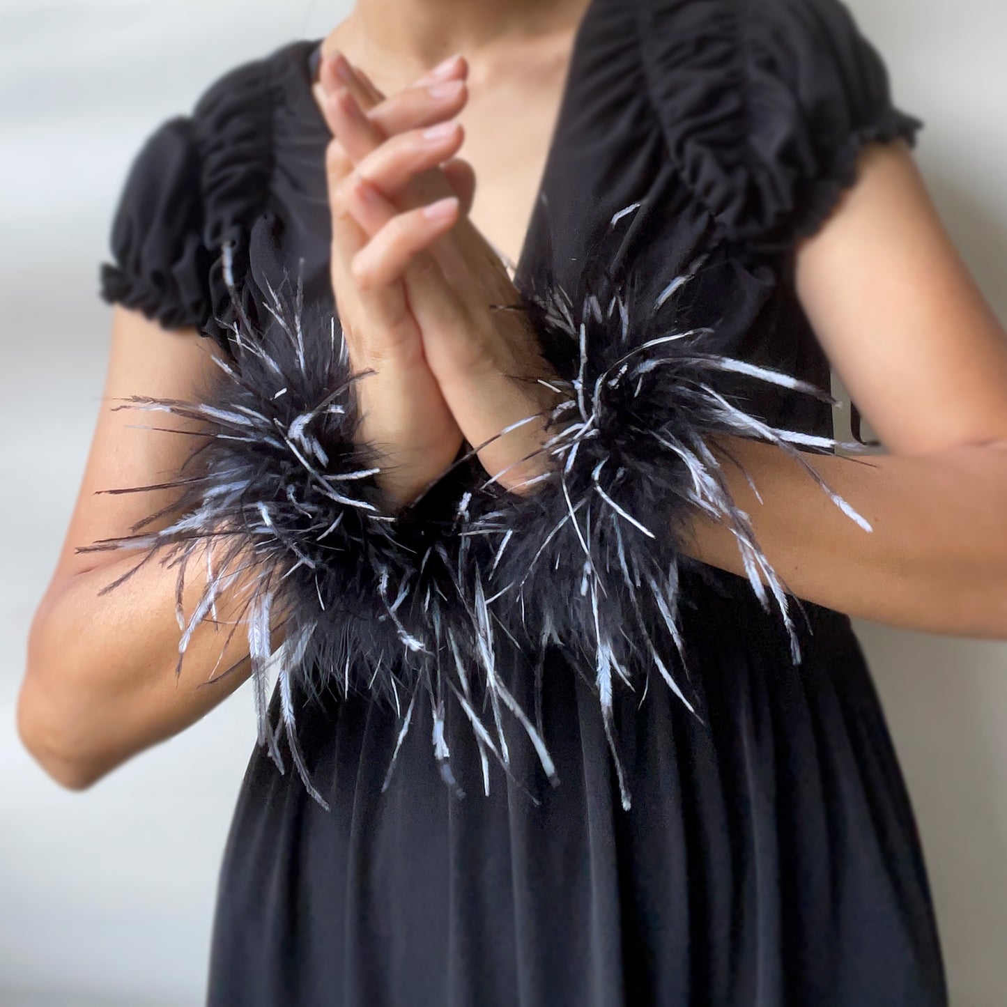 Black & White Ostrich Feather Bracelets, Cocktail Party Black Feather Wristband