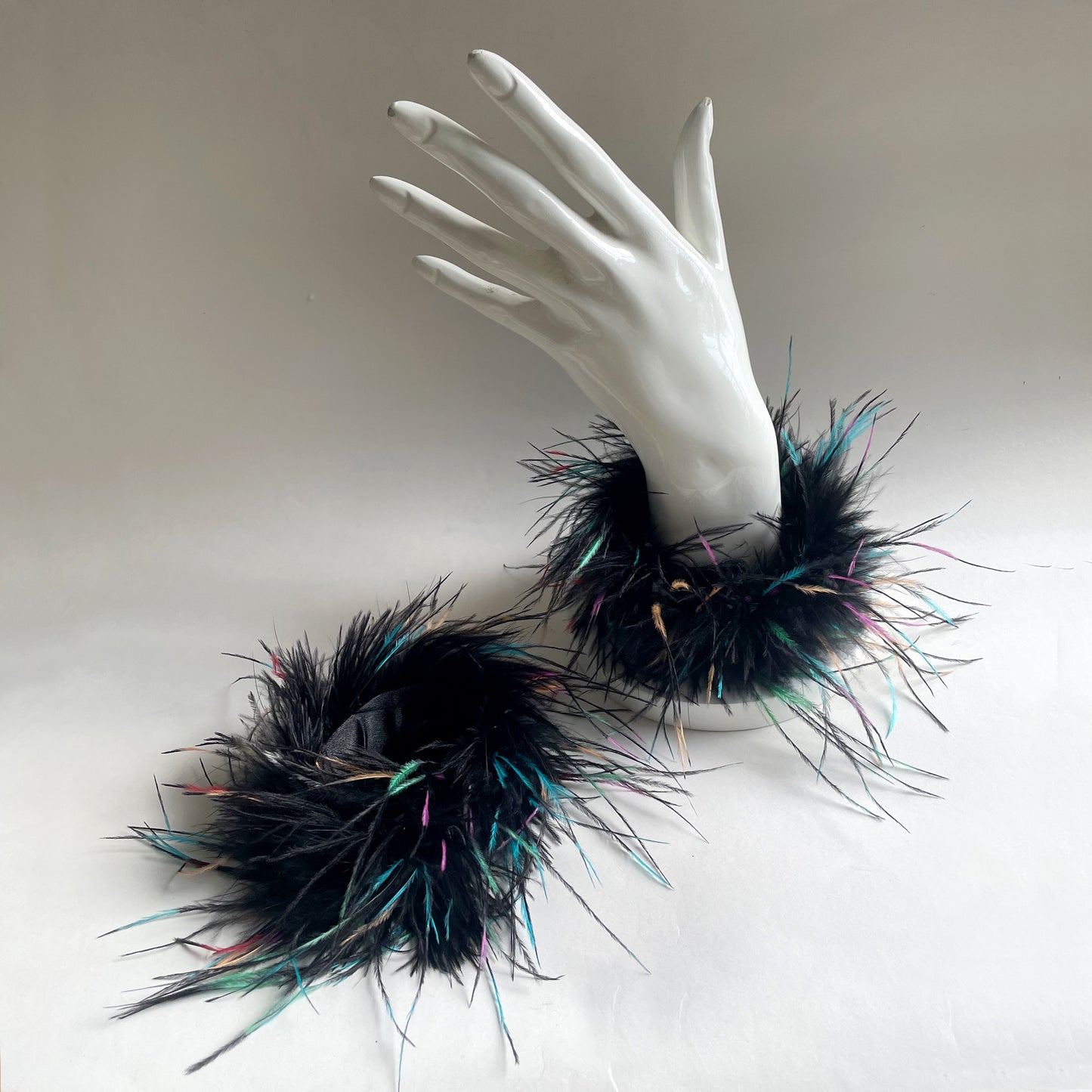Black & White Ostrich Feather Bracelets, Cocktail Party Black Feather Wristband