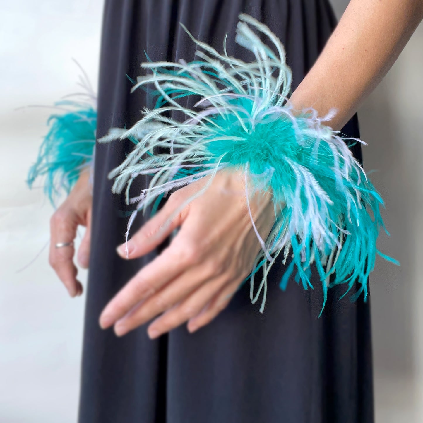 Beige Ostrich Feather Bracelet, Olive Green Feather Wristband, Snap on Feather Boa Cuffs