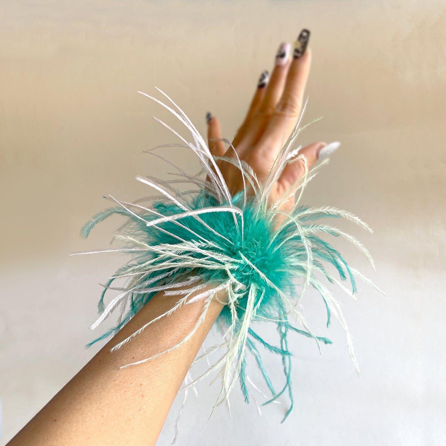 Beige Ostrich Feather Bracelet, Olive Green Feather Wristband, Snap on Feather Boa Cuffs