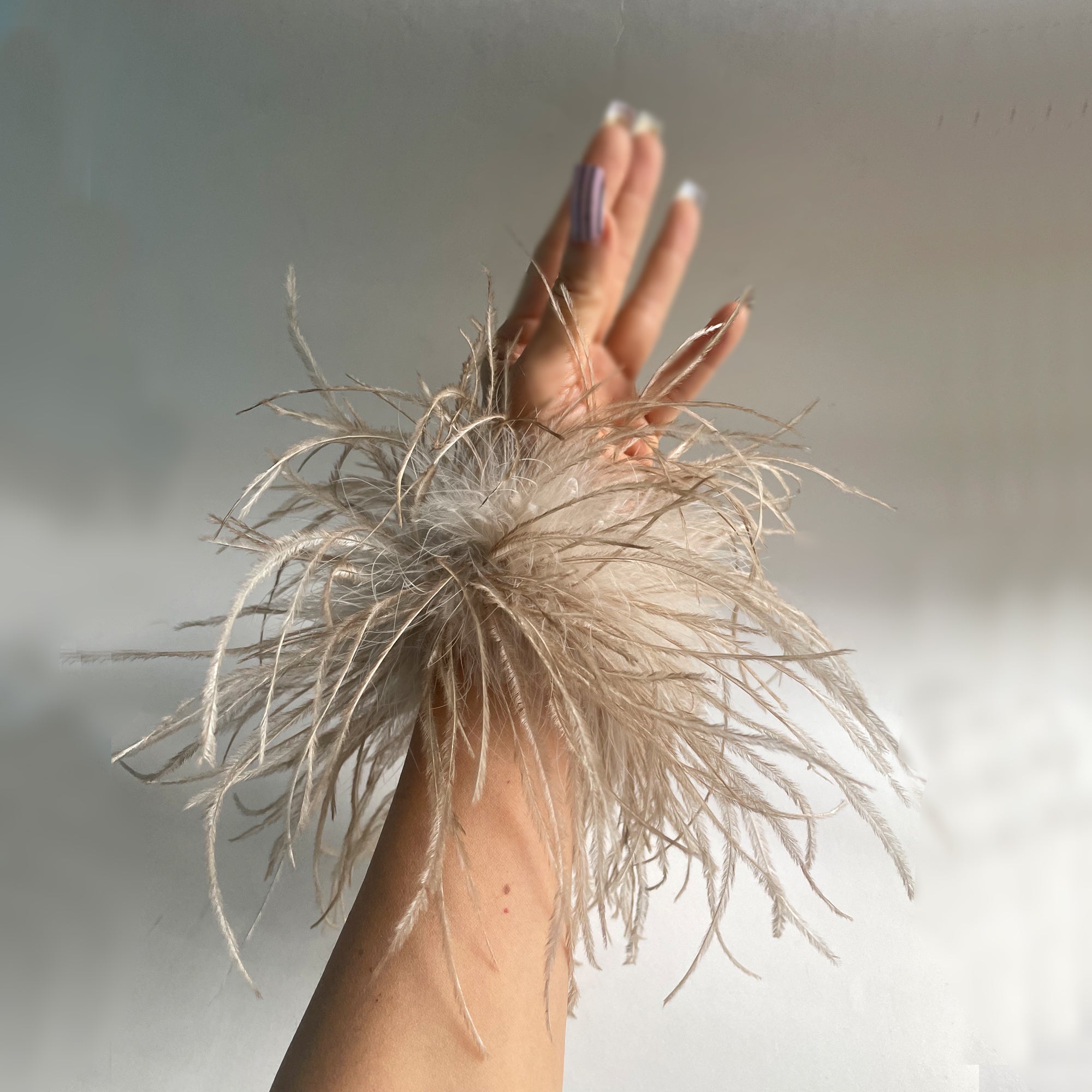 Beige Ostrich Feather Bracelet, Olive Green Feather Wristband, Snap on Feather Boa Cuffs