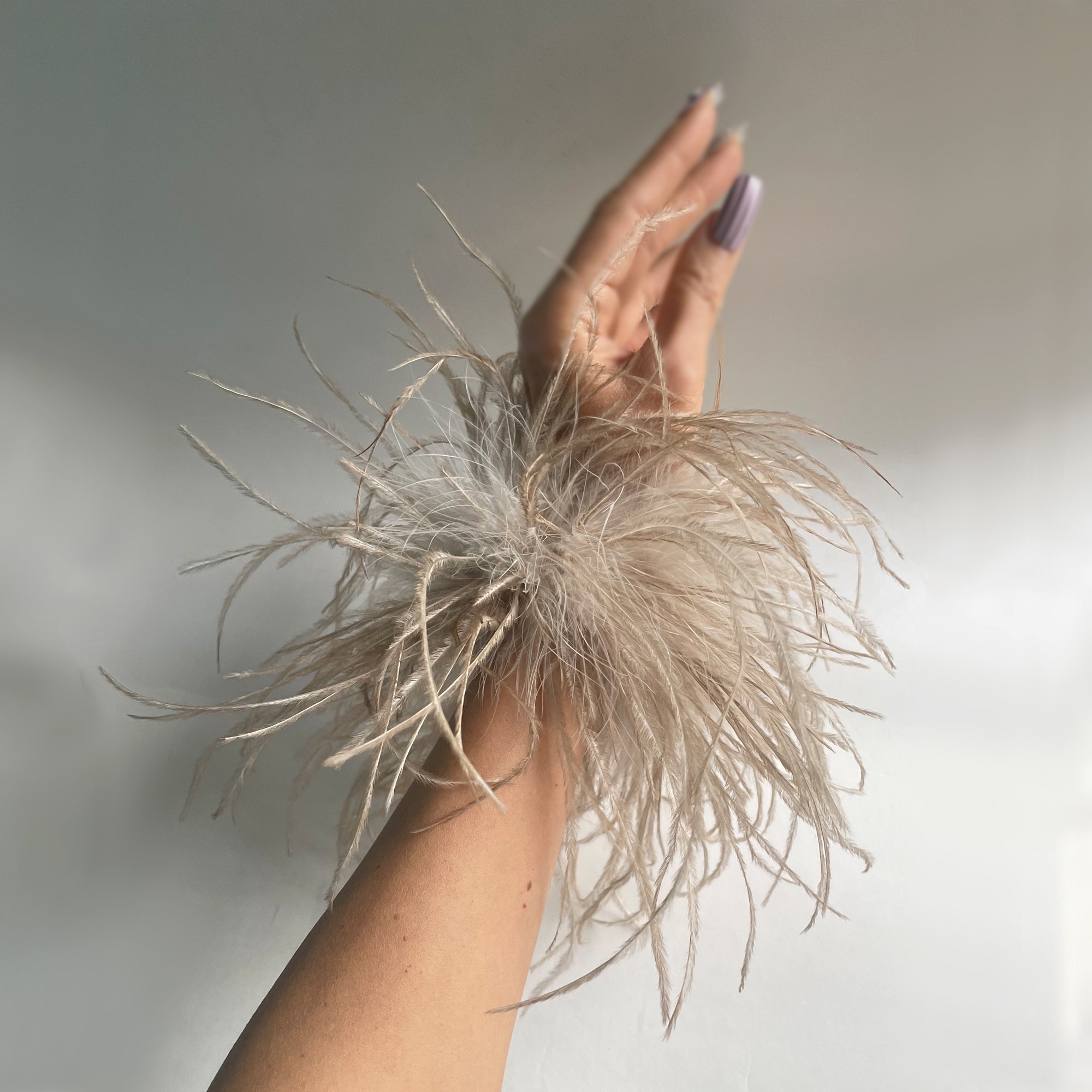 Beige Ostrich Feather Bracelet, Olive Green Feather Wristband, Snap on Feather Boa Cuffs