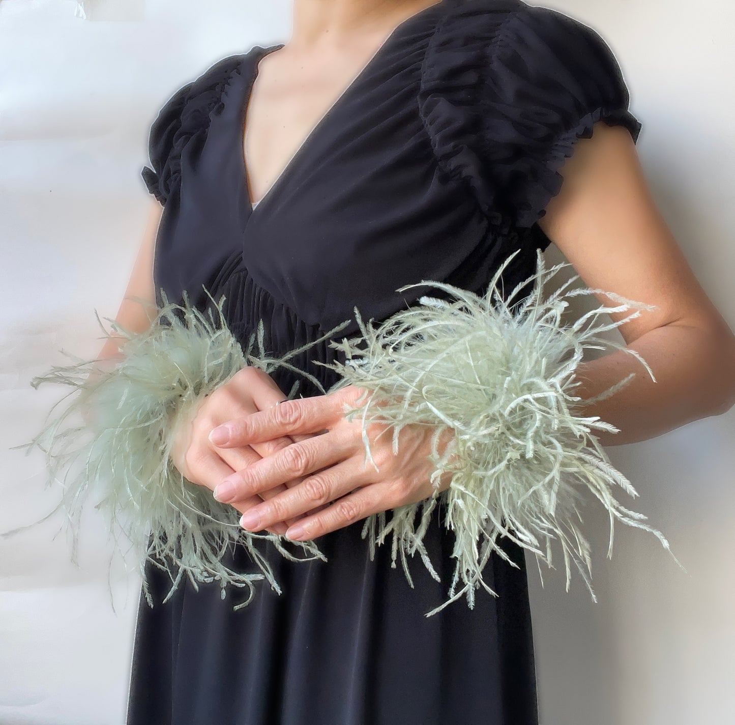 Beige Ostrich Feather Bracelet, Olive Green Feather Wristband, Snap on Feather Boa Cuffs