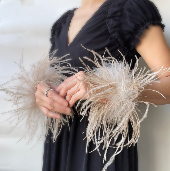 Beige Ostrich Feather Bracelet, Olive Green Feather Wristband, Snap on Feather Boa Cuffs