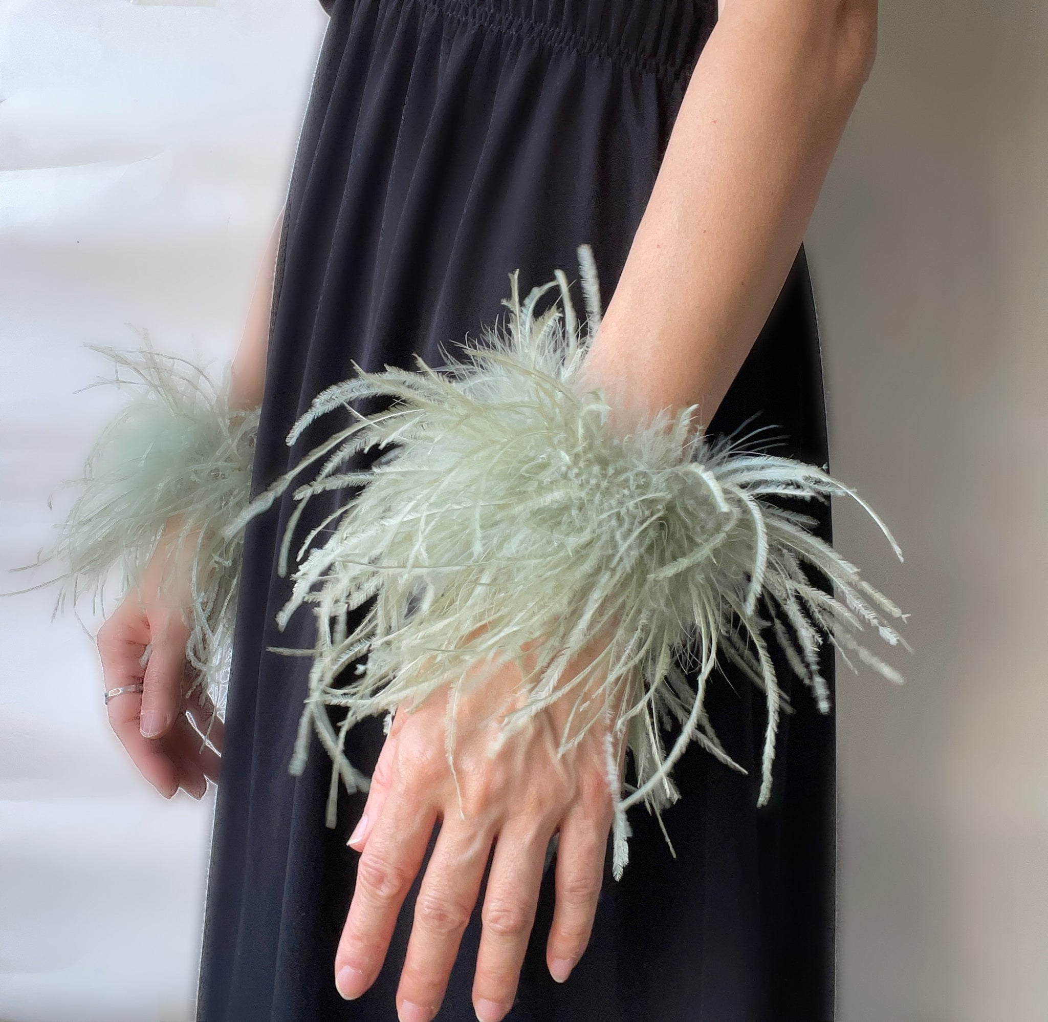Beige Ostrich Feather Bracelet, Olive Green Feather Wristband, Snap on Feather Boa Cuffs