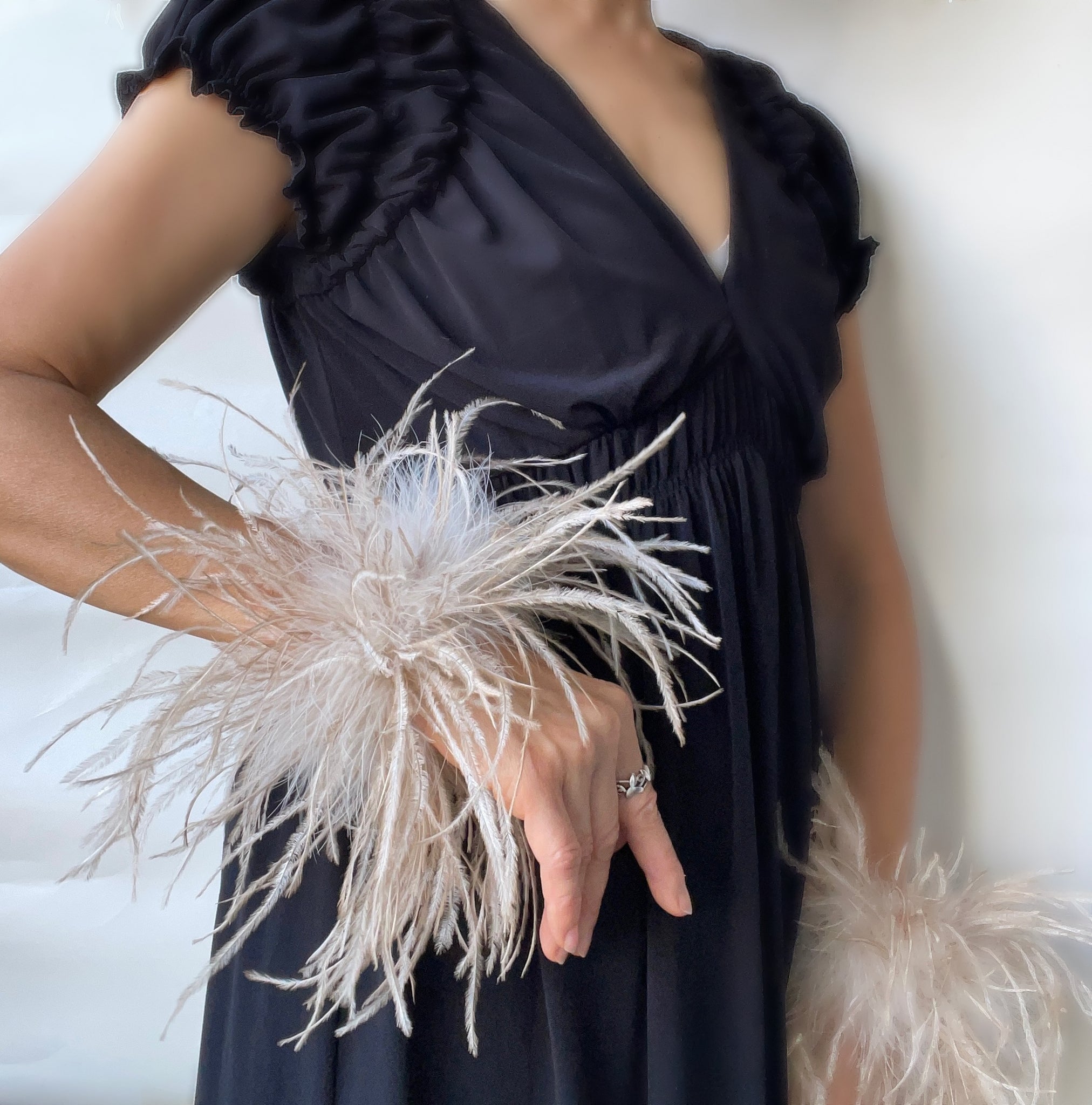 Beige Ostrich Feather Bracelet, Olive Green Feather Wristband, Snap on Feather Boa Cuffs