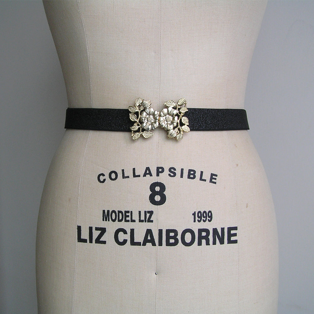 Vintage Gold Flower Waist Belt, Black Evening Belt, Jewelled Belt for Wedding Dress