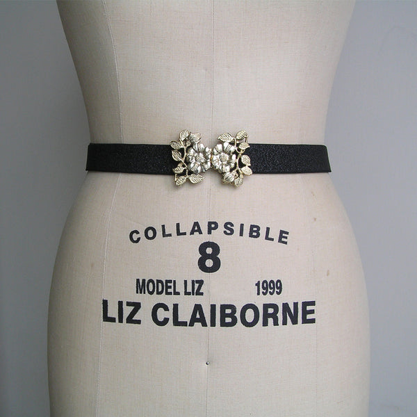 Vintage Gold Flower Stretch Waist Belt, Black Evening Belt, Jewelled Belt for Wedding Dress