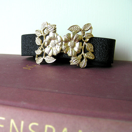Vintage Gold Flower Stretch Waist Belt, Black Evening Belt, Jewelled Belt for Wedding Dress