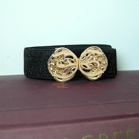 1920s Outfit Accessory, Flapper Dress Belt, Vintage Gold & Ivory Flower Leaves Metal Belt Buckle