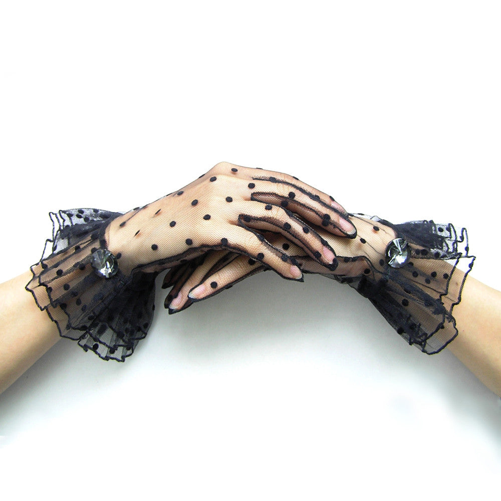 Black Polka Dot Gloves, Black Lace Gloves with Rhinestone Jewelry