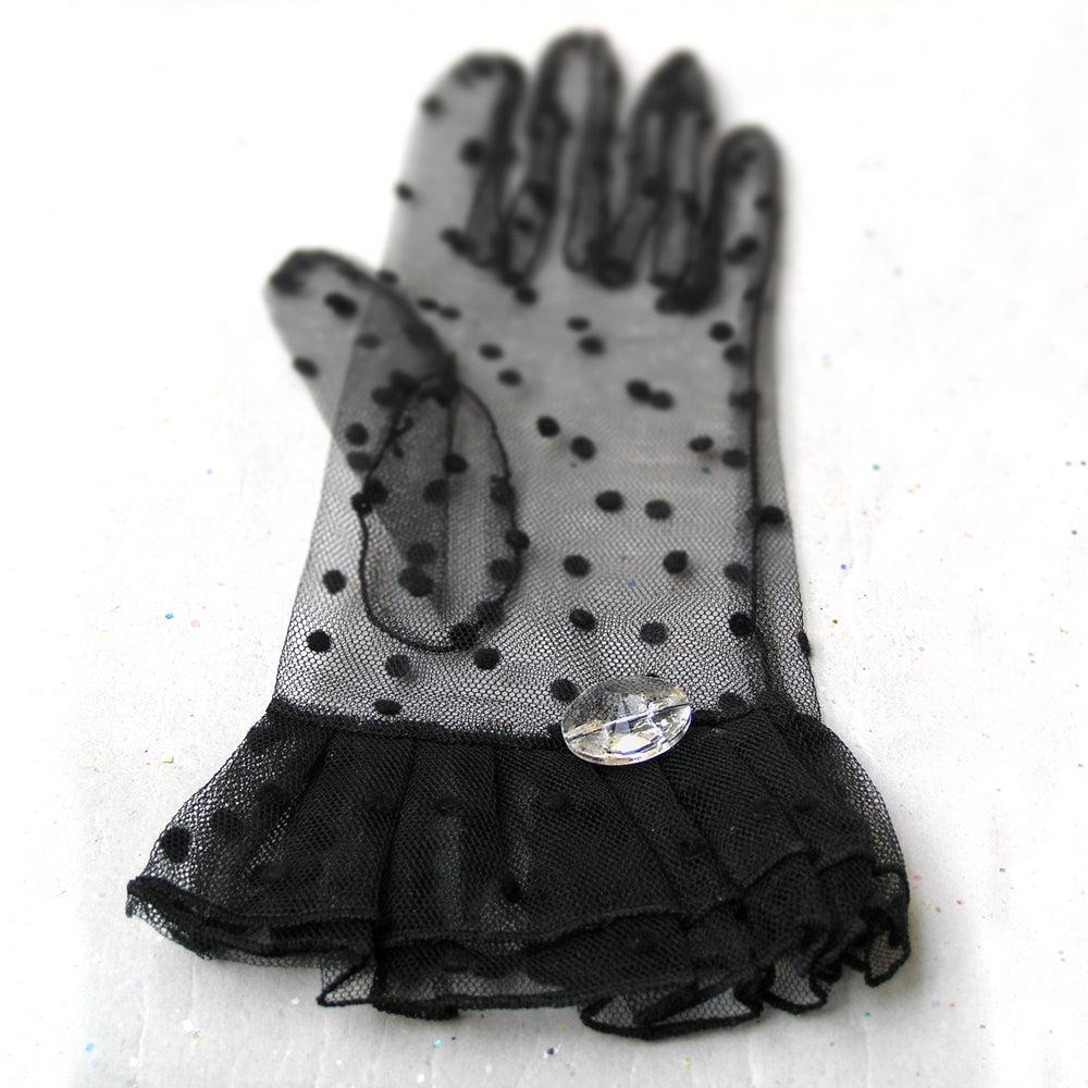 Black Polka Dot Gloves, Black Lace Gloves with Rhinestone Jewelry